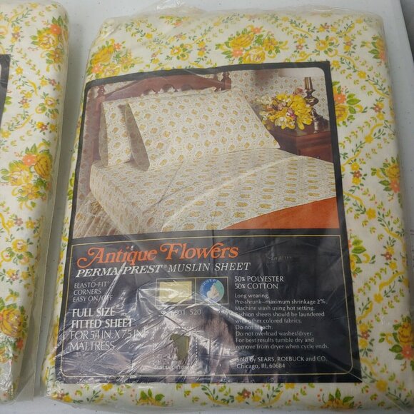Sears Antique Flowers Sheet Set Full Flat Fitted Perma Prest Muslin Vintage NOS - Picture 2 of 10